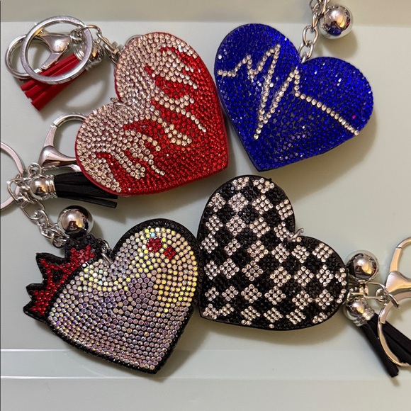 Accessories - Rhinestone Heart Keychain Set - Red, Blue, Black, Iridescent